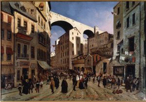 Strada della Madre d'Iddio e ponte di Carignano a Genova, 1847, dipinto. stampa 18x24 (G07.47.02), carige